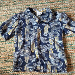 Kids Dragon Print Button Down Shirt - Navy and Yellow